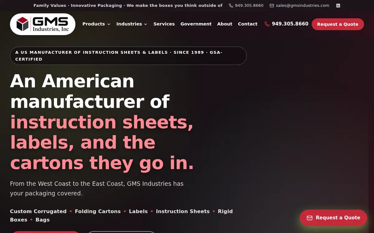Homepage of Gms Industries, INC.