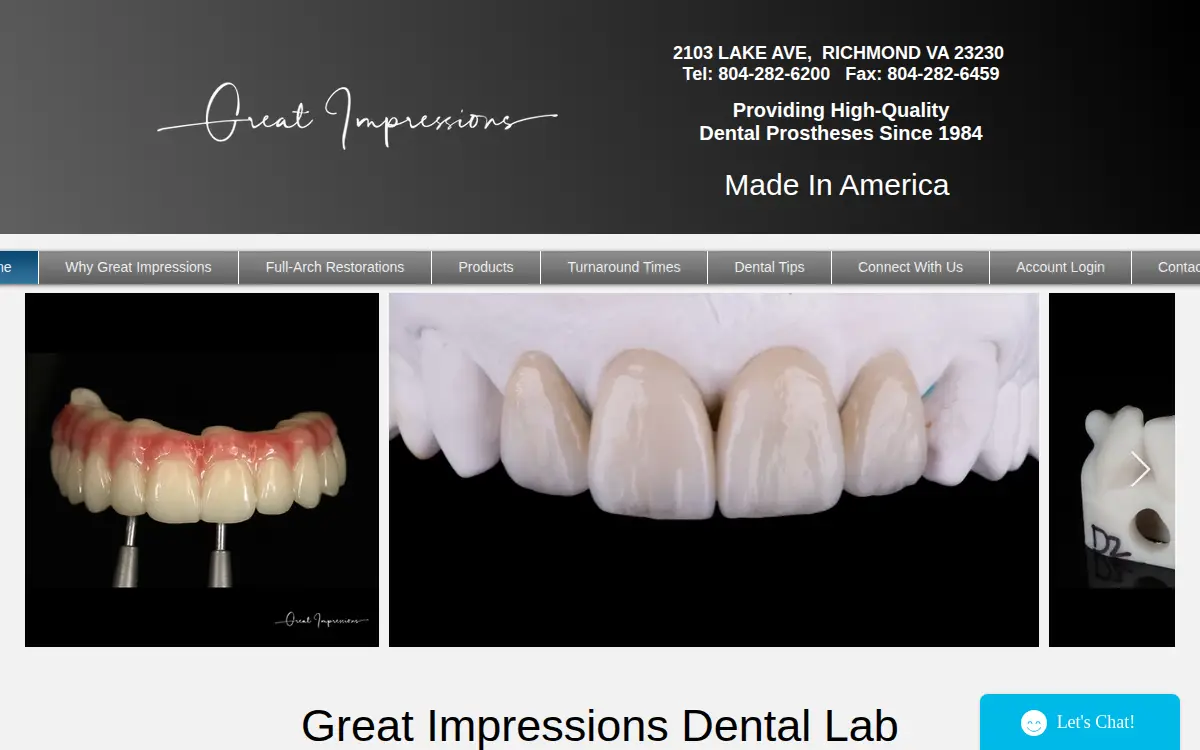 Homepage of Great Impressions Dental Lab, LTD.