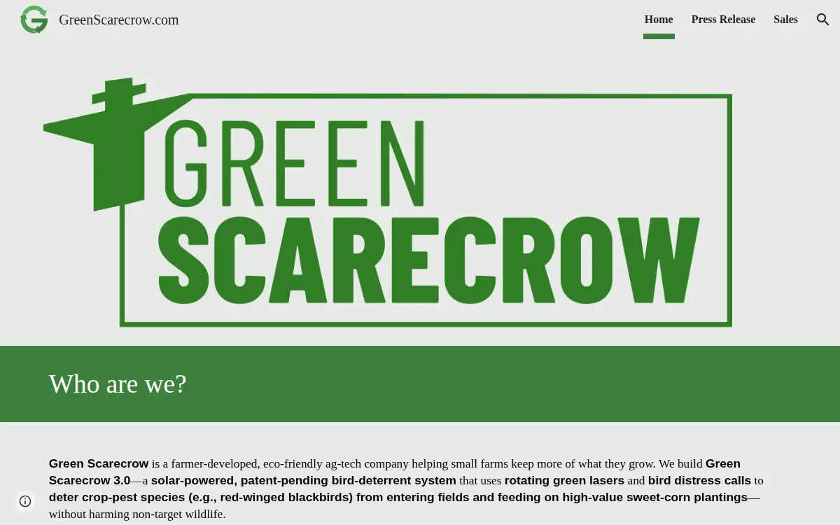 Homepage of Green Scarecrow, LLC