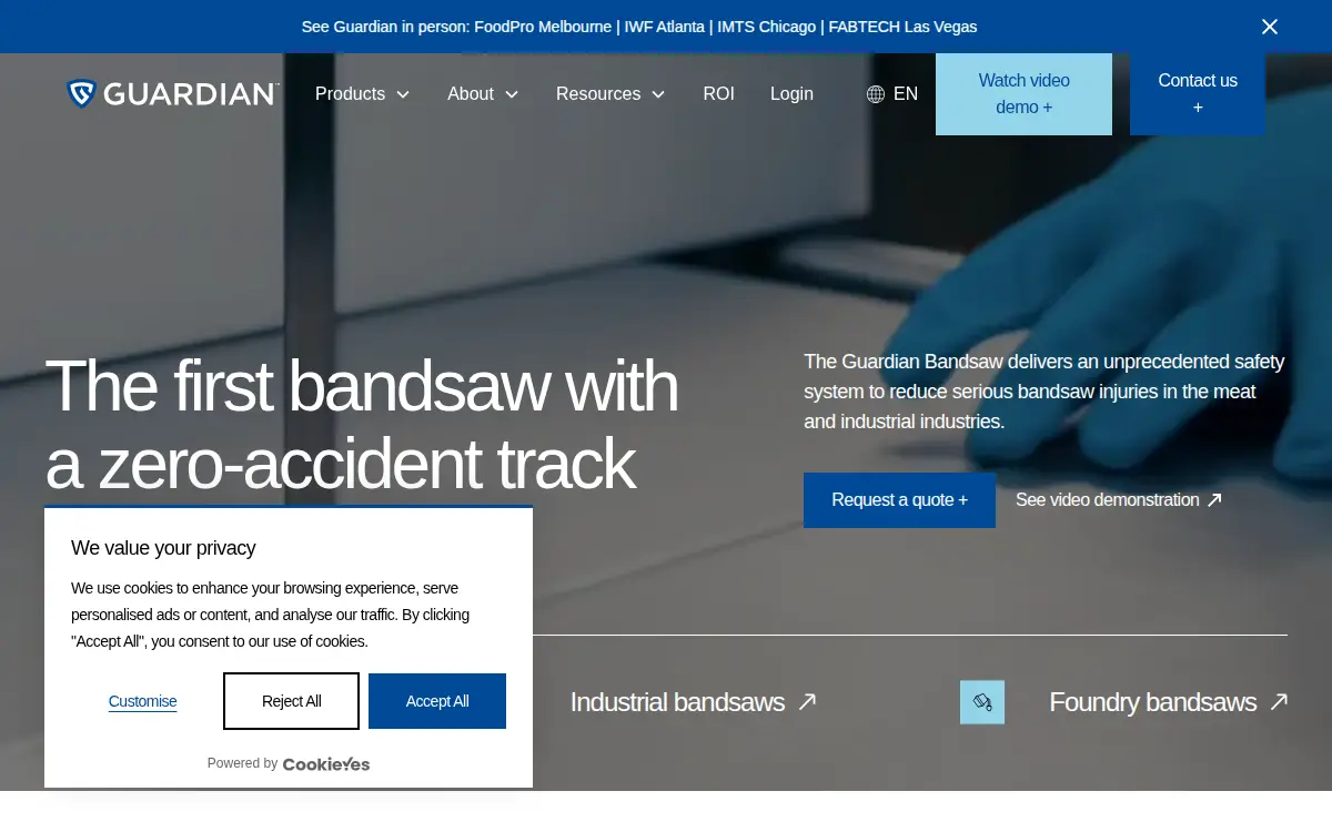 Homepage of Guardian Bandsaws US LLC