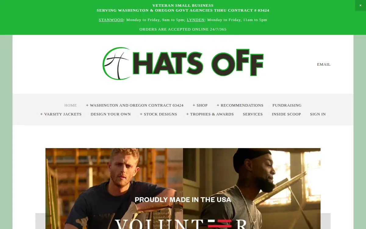 Homepage of Hats Off T-shirts & Engraving INC