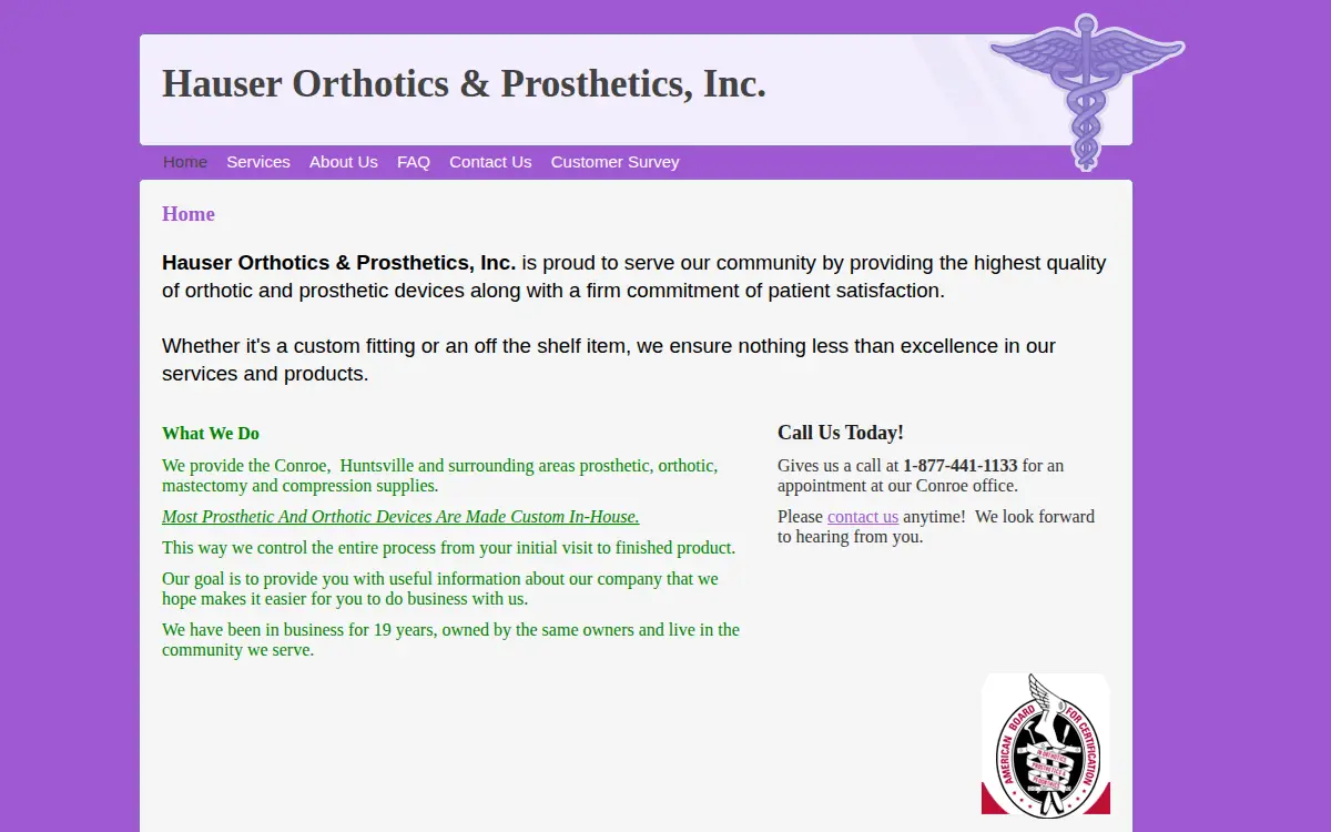 Homepage of Hauser Orthotics and Prosthetics, INC.