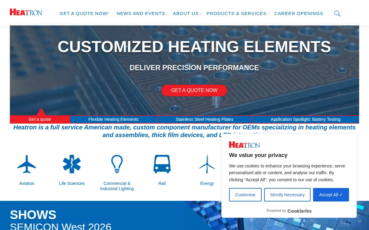 Homepage of Heatron, INC