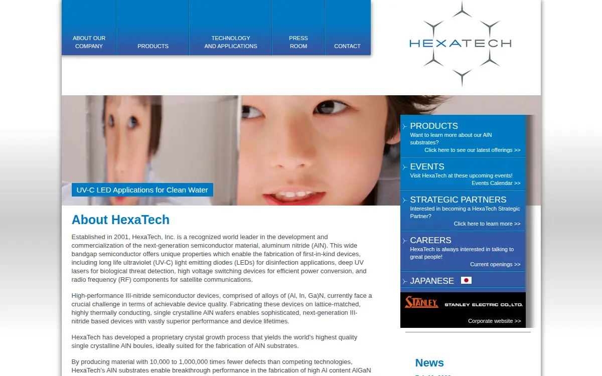 Homepage of Hexatech, INC