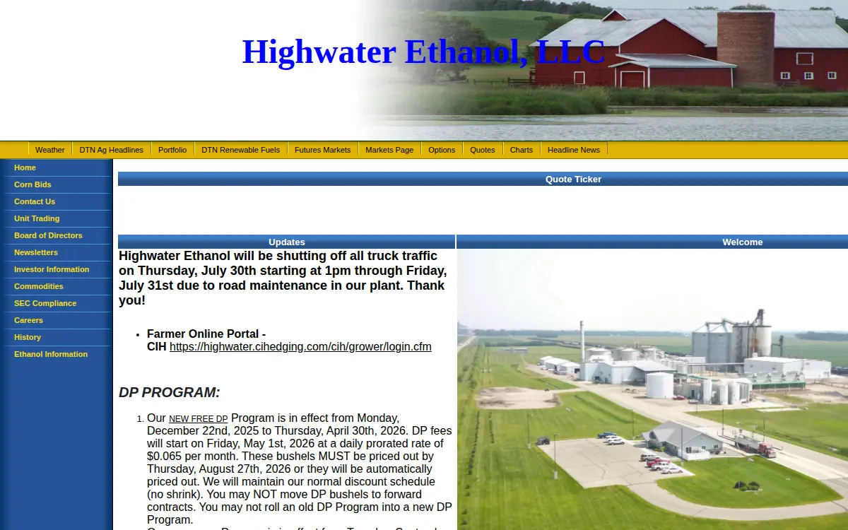 Homepage of Highwater Ethanol, LLC