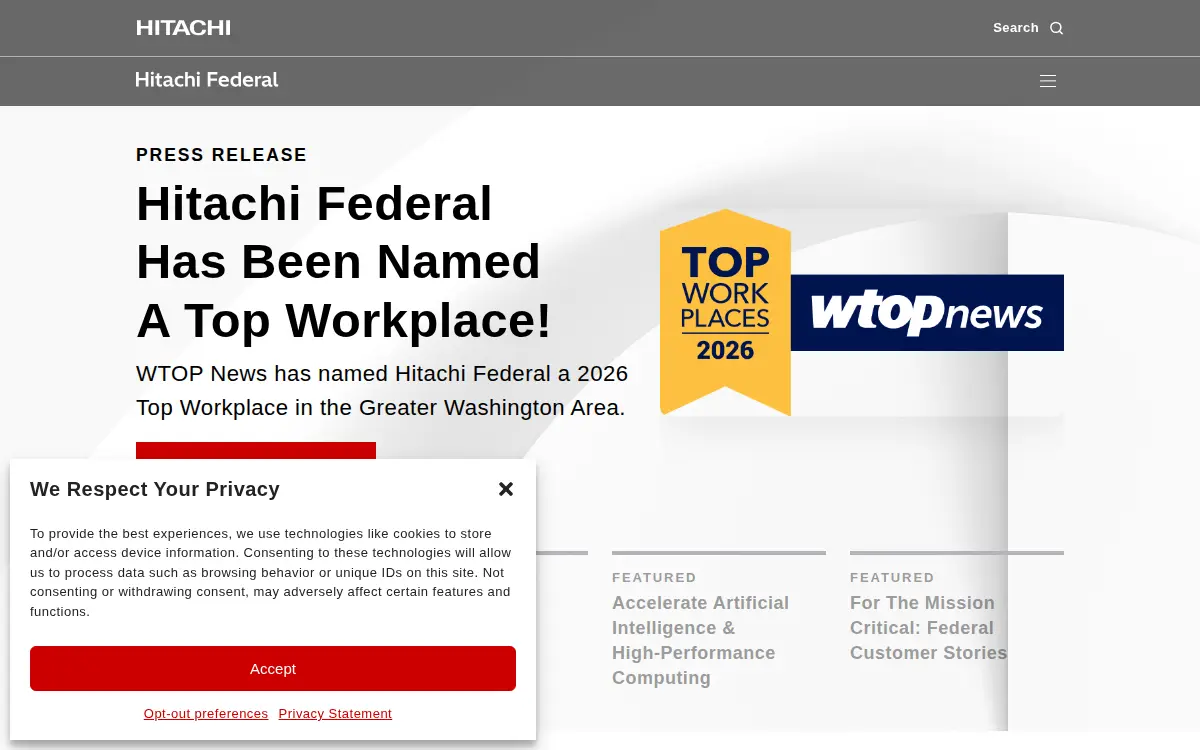 Homepage of Hitachi Vantara Federal Corporation