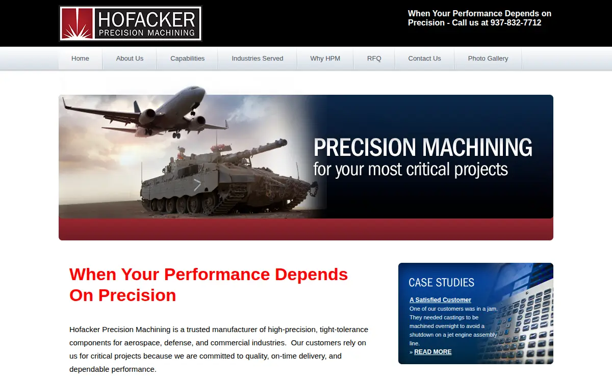 Homepage of Hofacker Precision Machining LLC