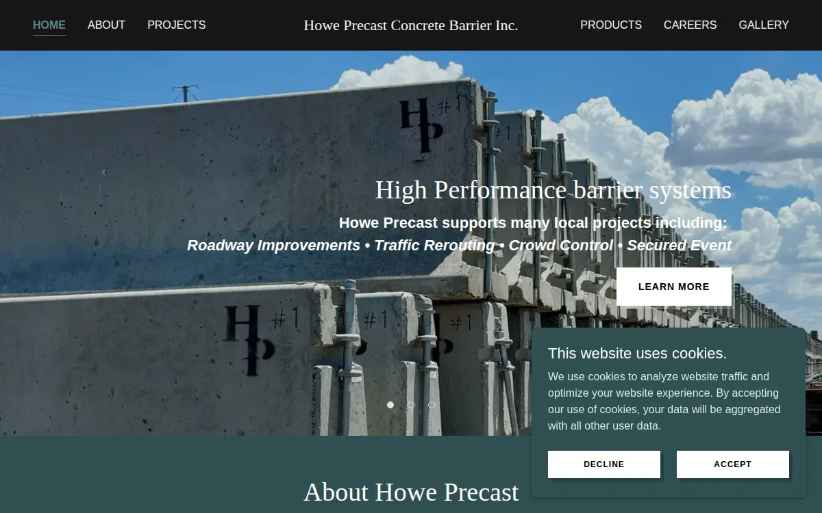 Homepage of Howe Precast Concrete Barrier INC