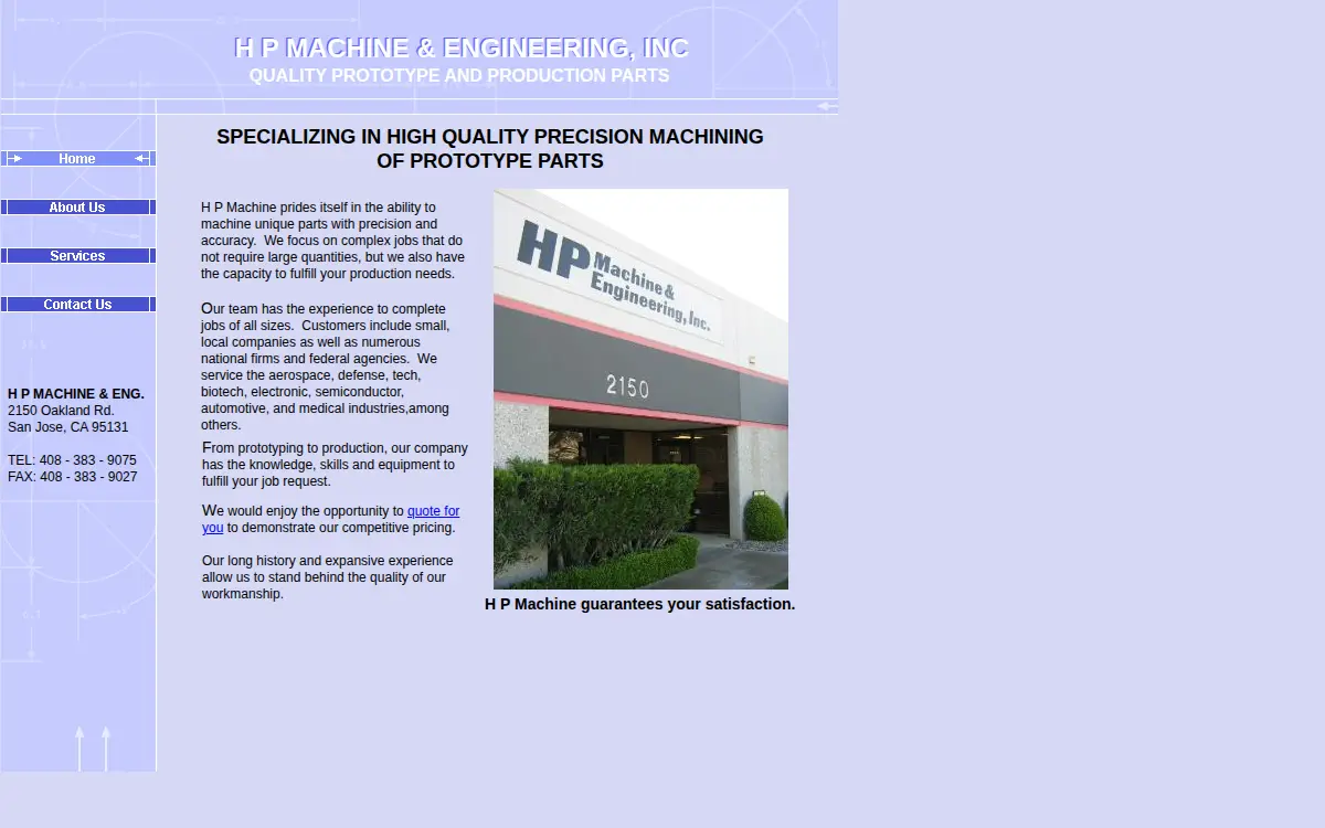 Homepage of H. P. Machine and Engineering, INC.