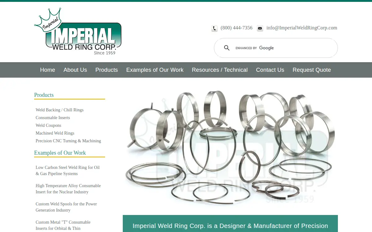 Homepage of Imperial Weld Ring CORP. INC.