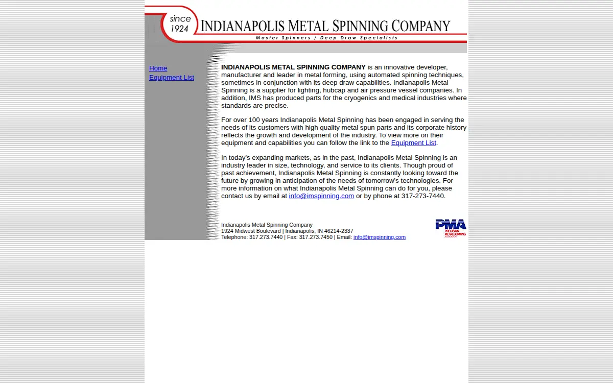 Homepage of Indianapolis Metal Spinning CO INC