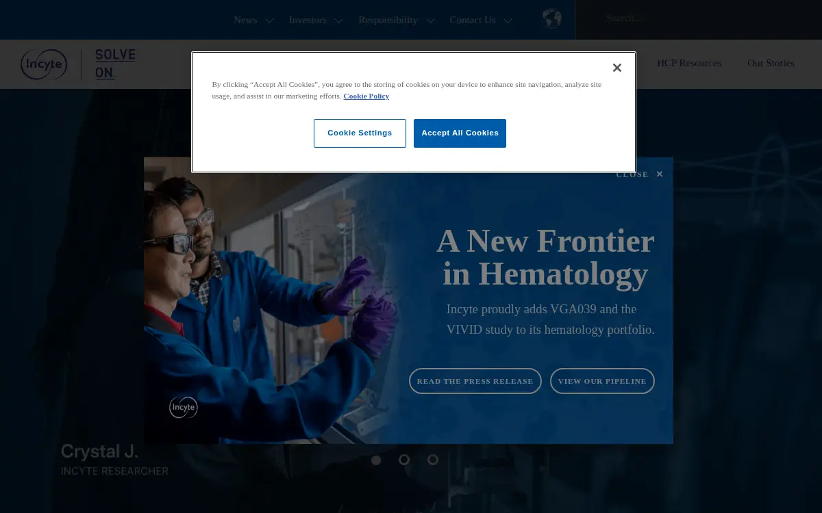Homepage of Incyte Corporation