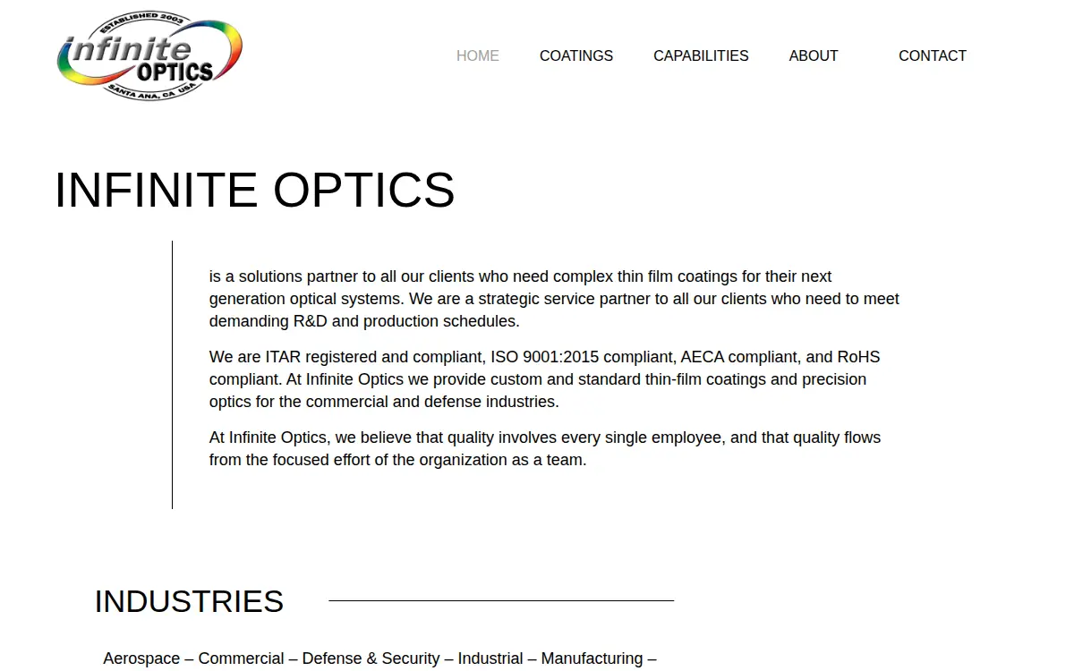 Homepage of Infinite Optics INC.