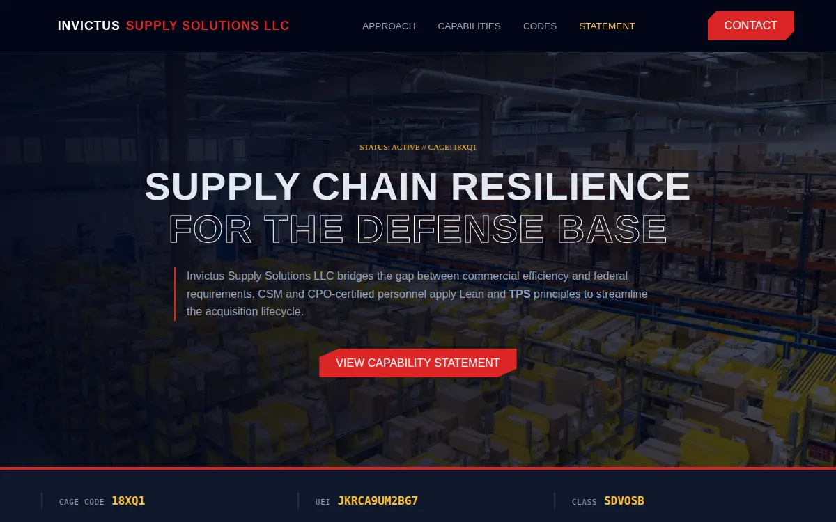 Homepage of Invictus Supply Solutions LLC