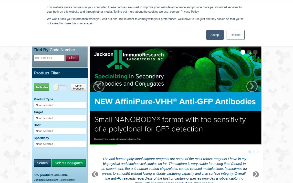 Homepage of Jackson Immunoresearch Laboratories, INC.