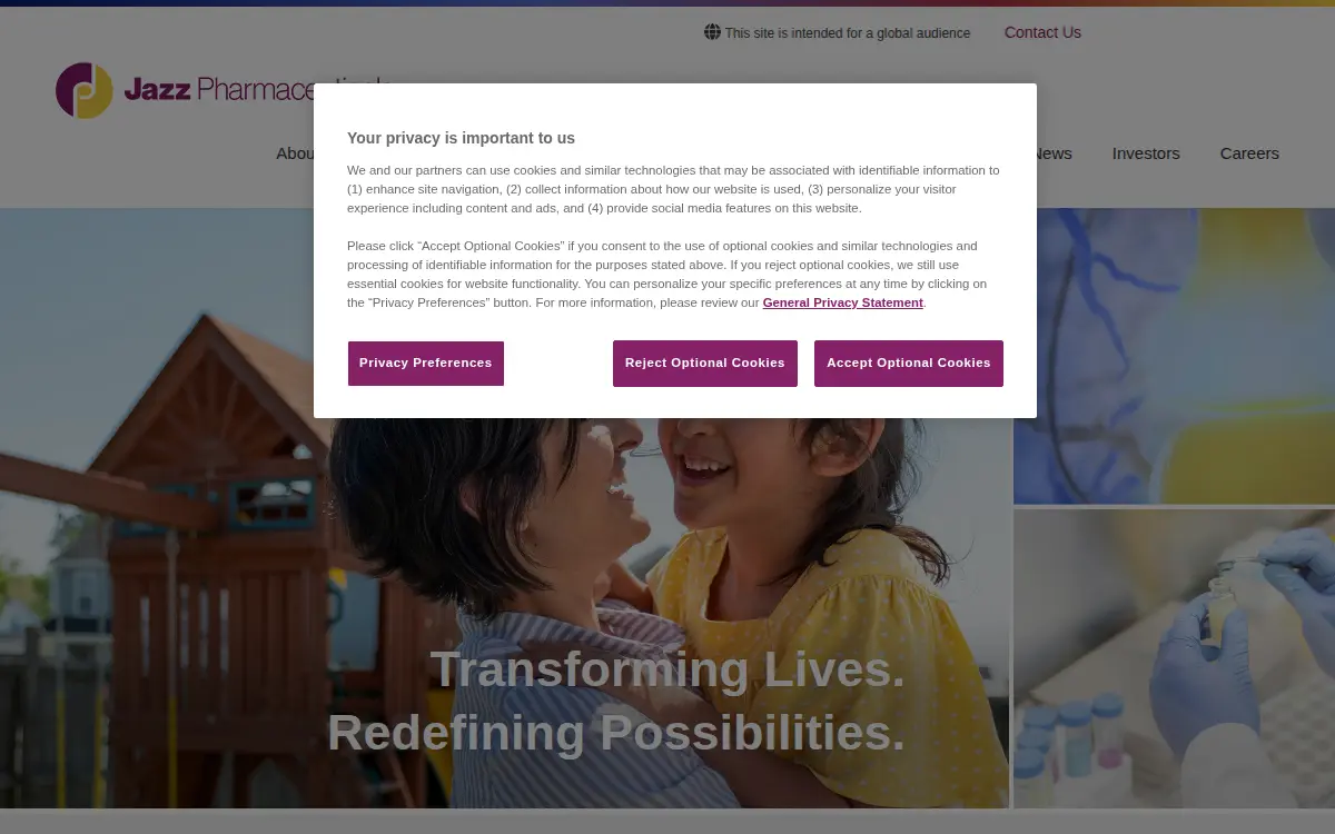 Homepage of Jazz Pharmaceuticals, INC