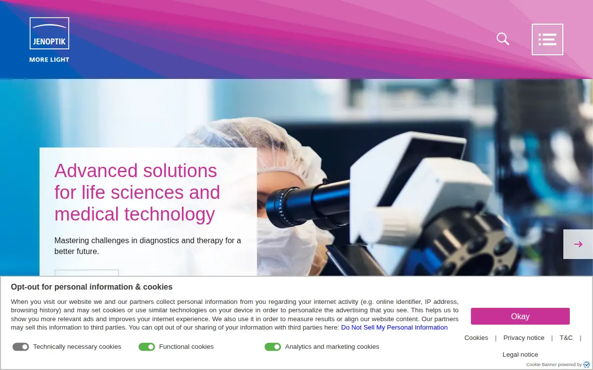Homepage of Jenoptik Optical Systems, LLC