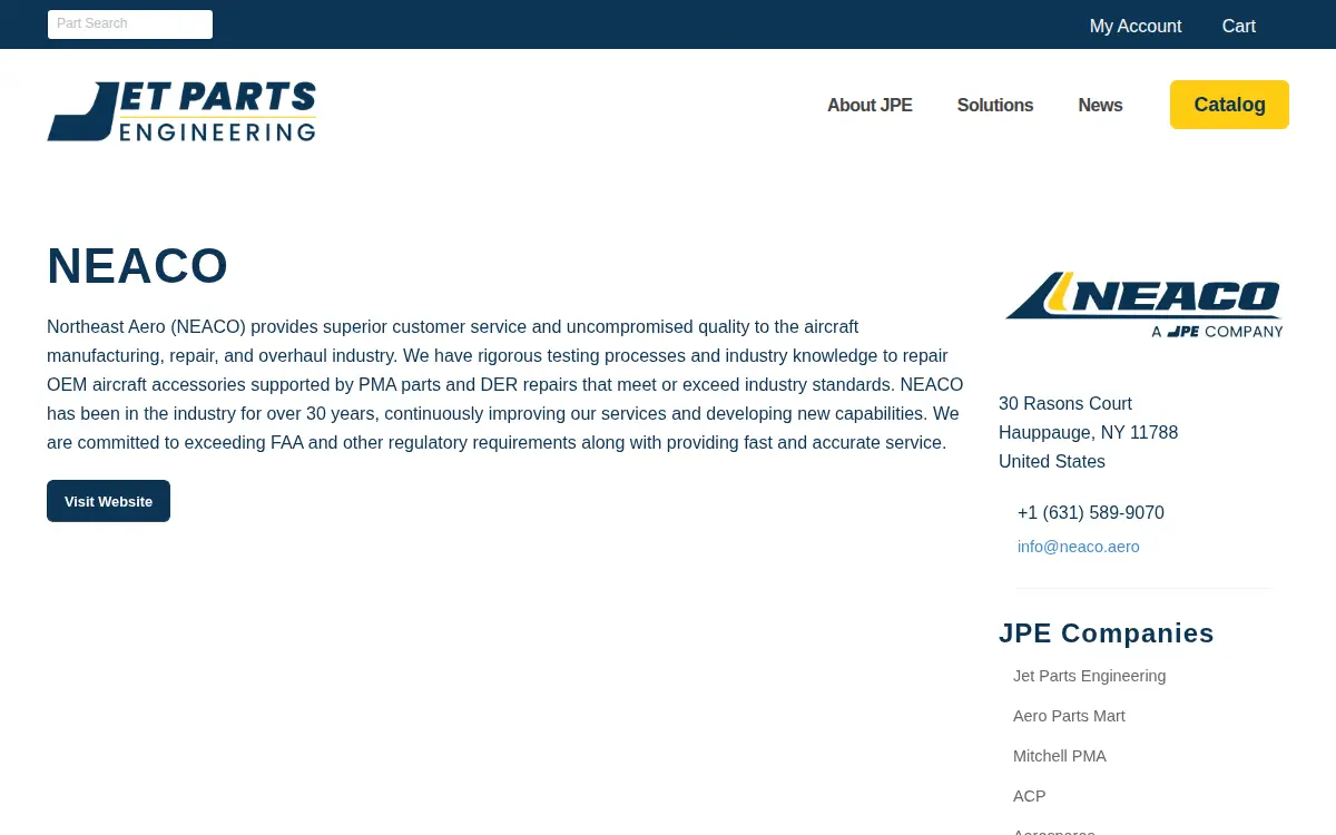 Homepage of Jet Parts Engineering, LLC.