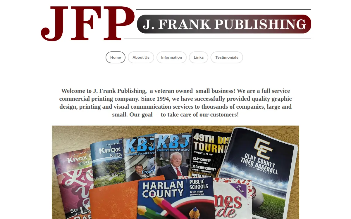 Homepage of J. Frank Publishing, Incorporated