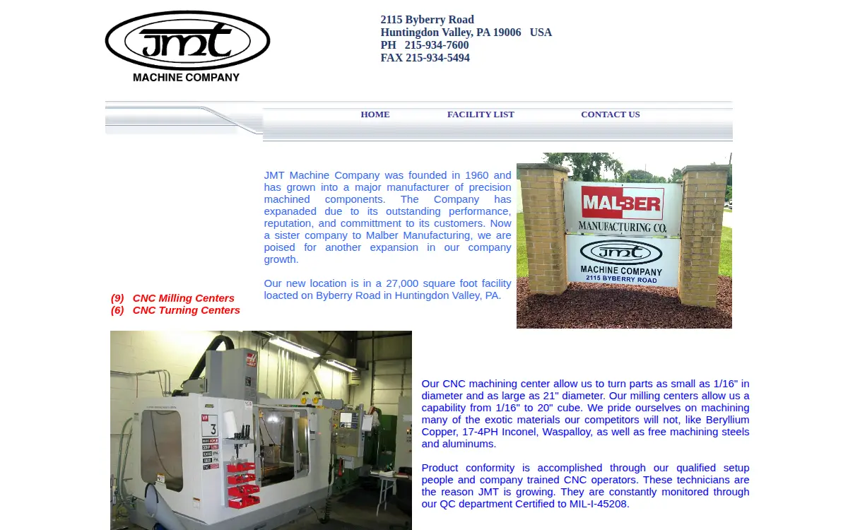 Homepage of Jmt Machine Company