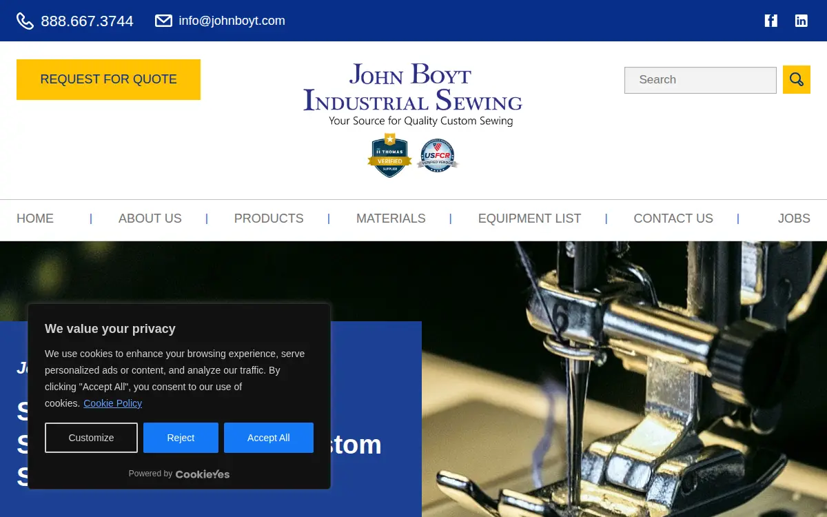 Homepage of John Boyt Industrial Sewing, INC.