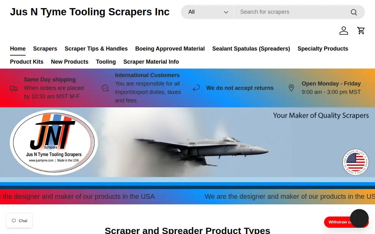 Homepage of Jus N Tyme Tooling Scrapers INC