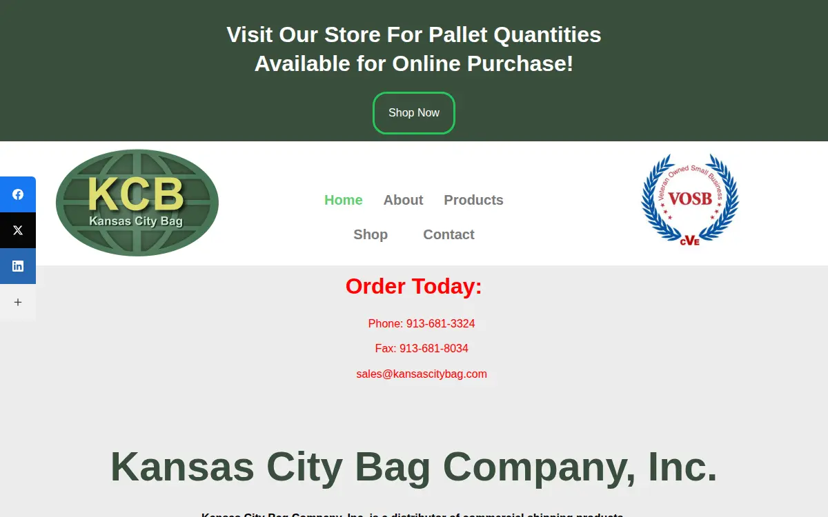 Homepage of Kansas City Bag Company, INC.