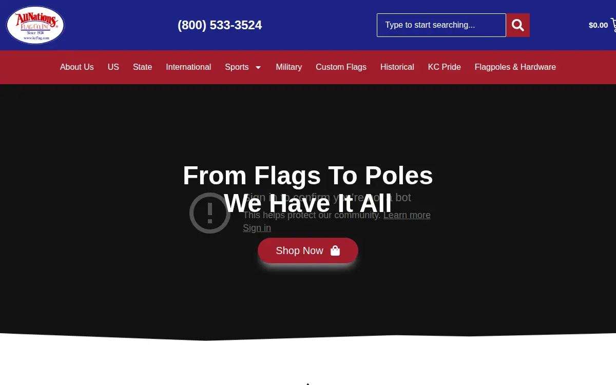 Homepage of All Nations Flag Company, INC.