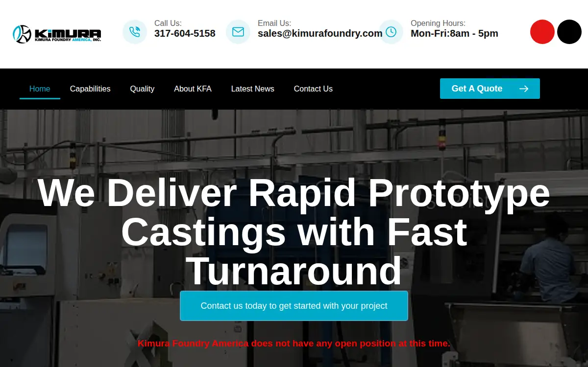 Homepage of Kimura Foundry America, INC