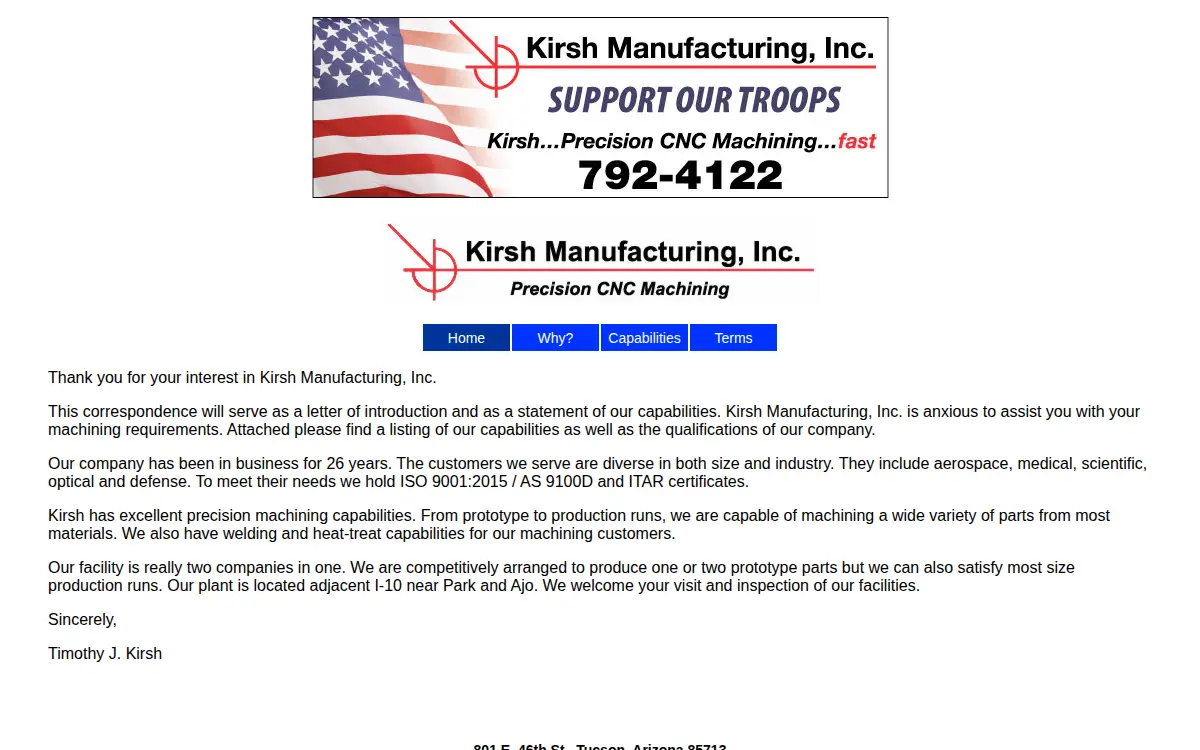 Homepage of Kirsh Manufacturing INC