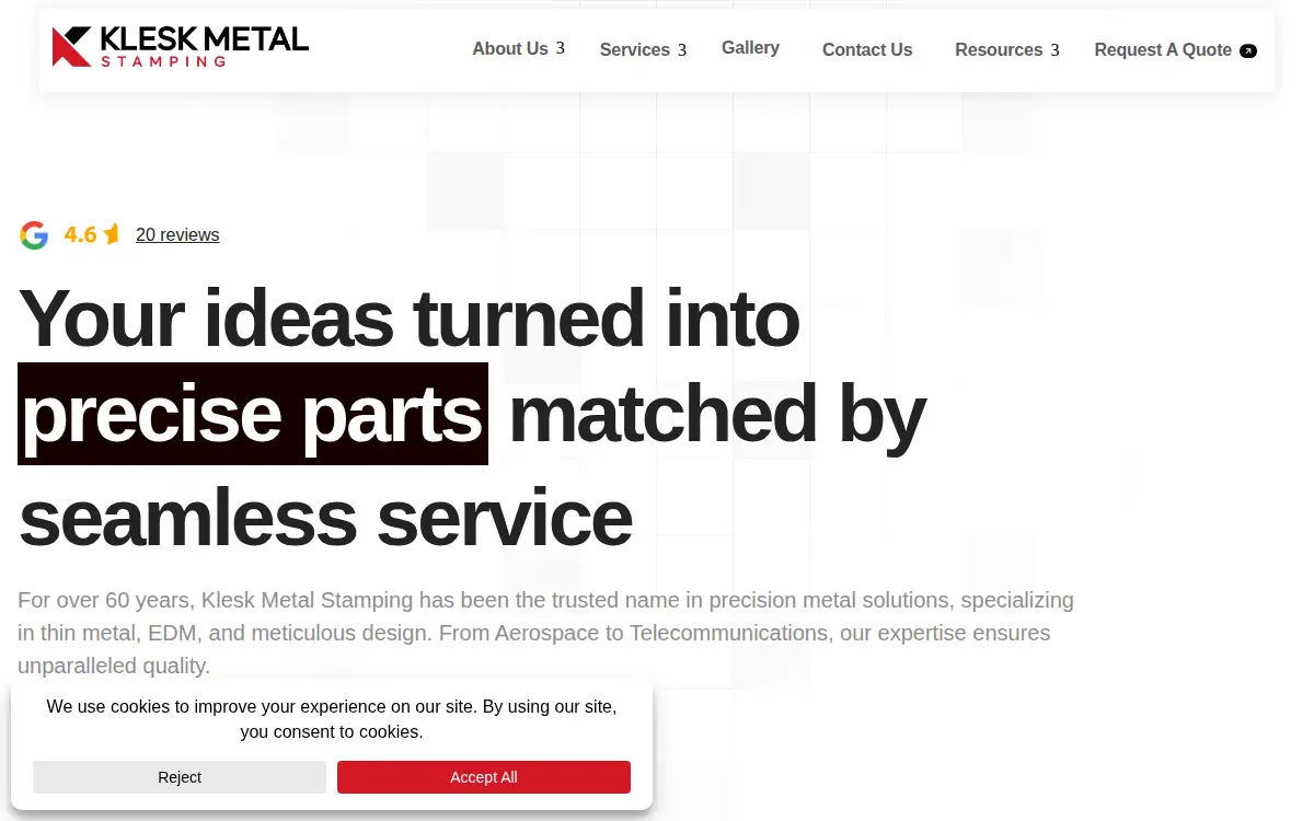 Homepage of Klesk Metal Stamping CO