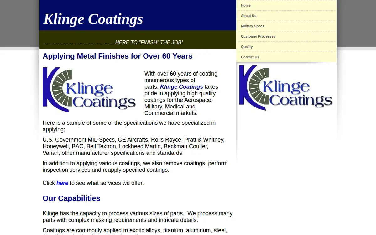 Homepage of Klinge Enameling Company, INC