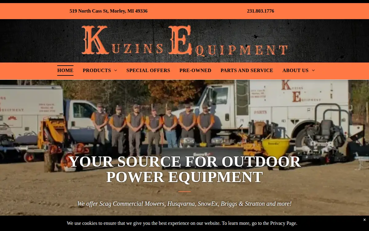 Homepage of Kuzins Equipment LLC