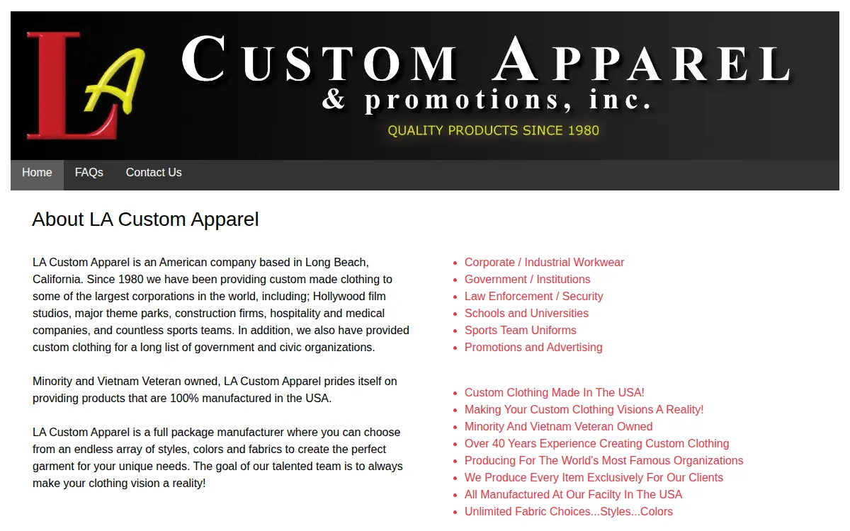Homepage of L.a. Custom Apparel & Promotions, INC.