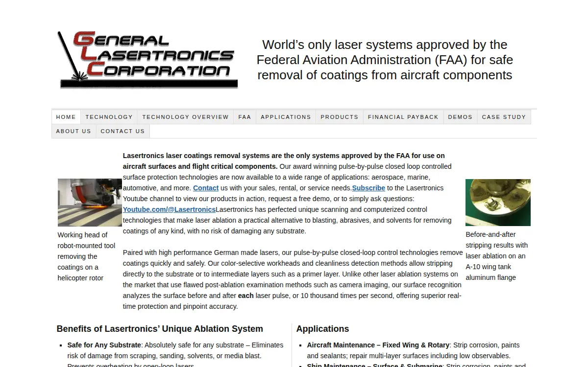 Homepage of General Lasertronics Corporation