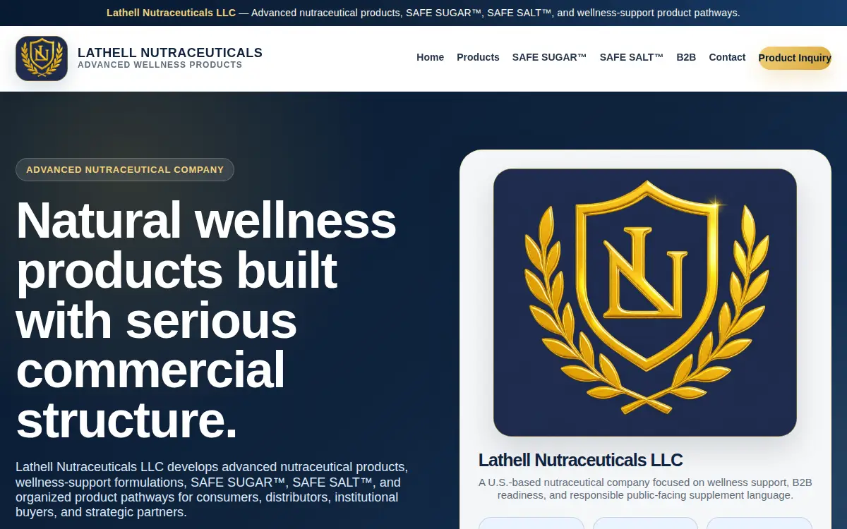 Homepage of Lathell Nutraceuticals LLC