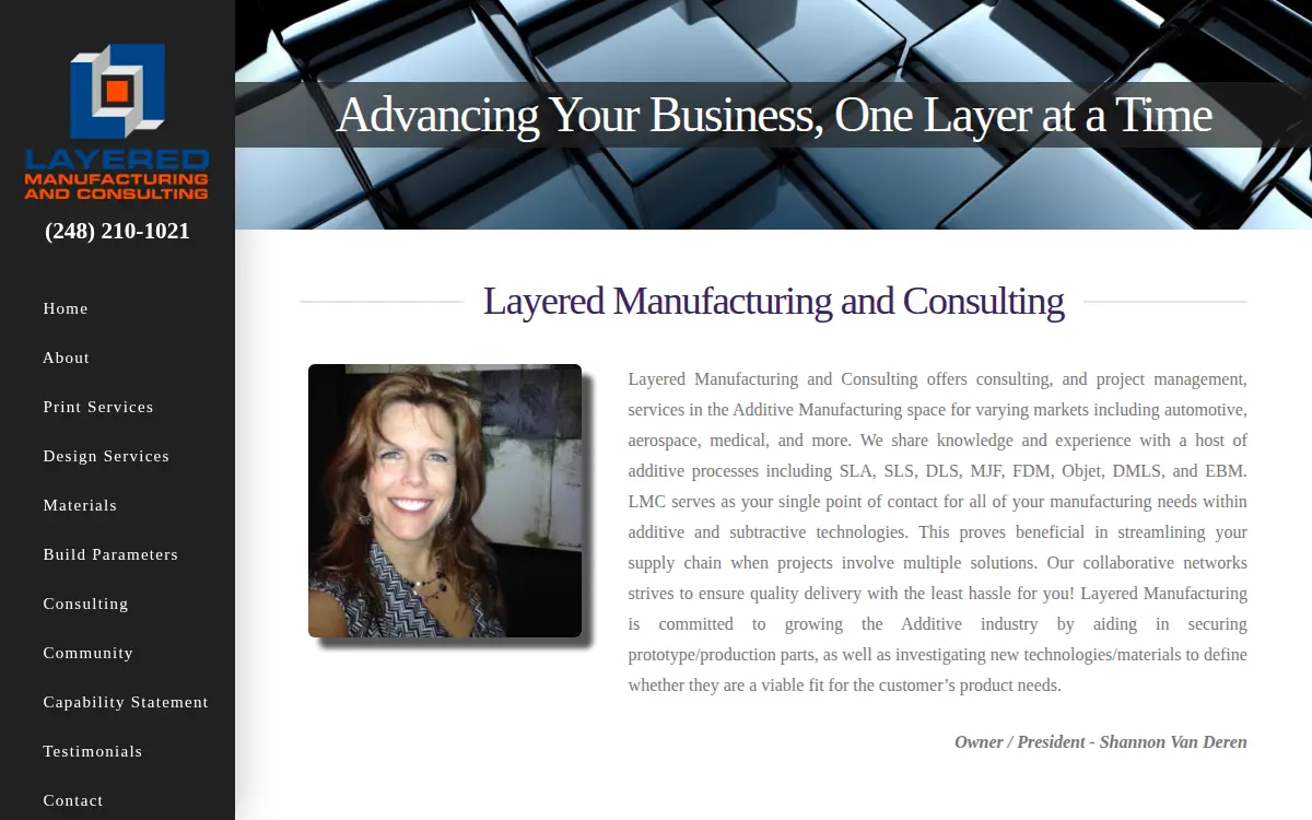 Homepage of Layered Manufacturing and Consulting, LLC
