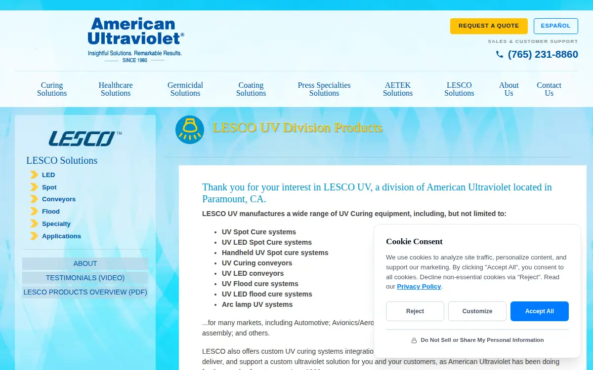Homepage of American Ultraviolet West, INC