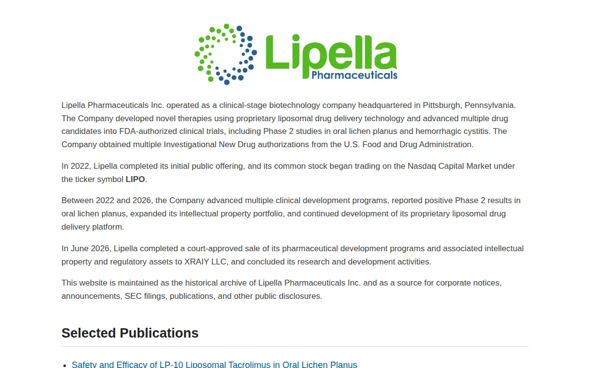 Homepage of Lipella Pharmaceuticals INC