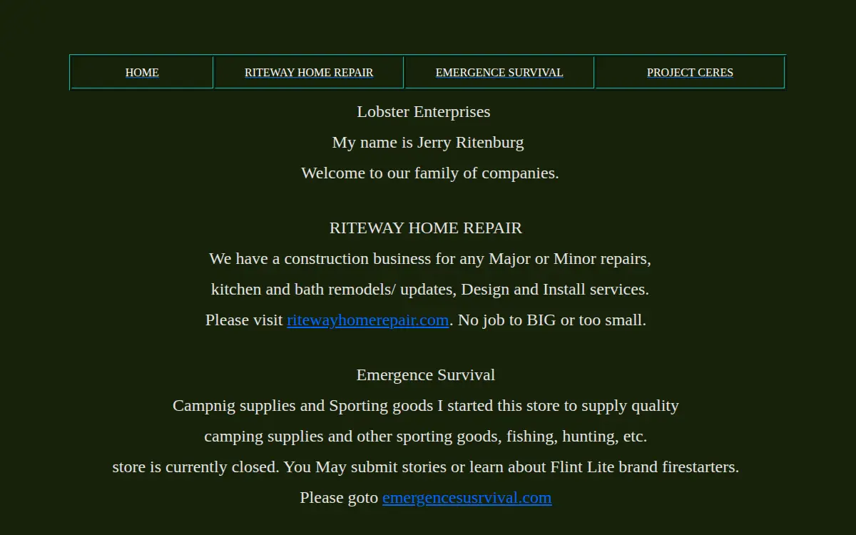 Homepage of Lobster Enterprises LLC