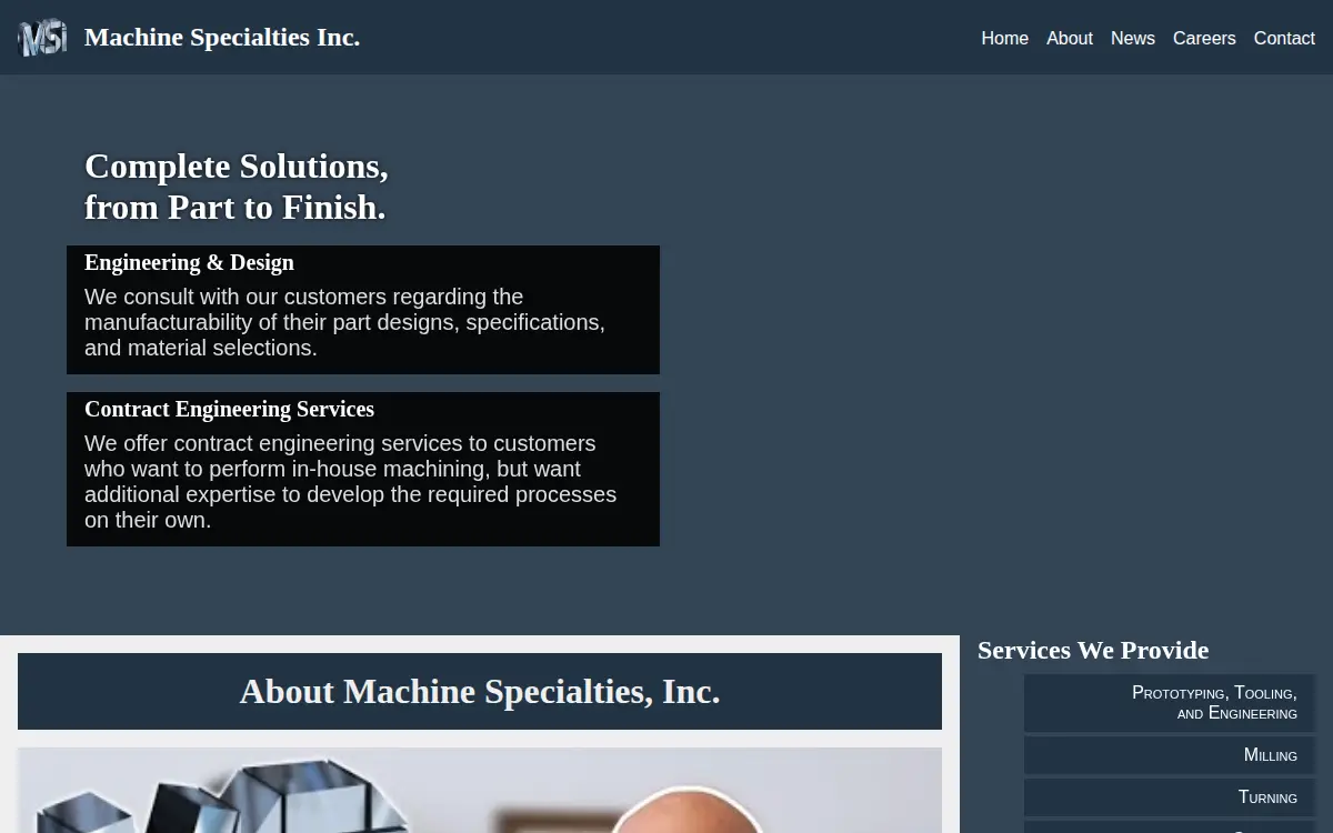 Homepage of Machine Specialties, LLC