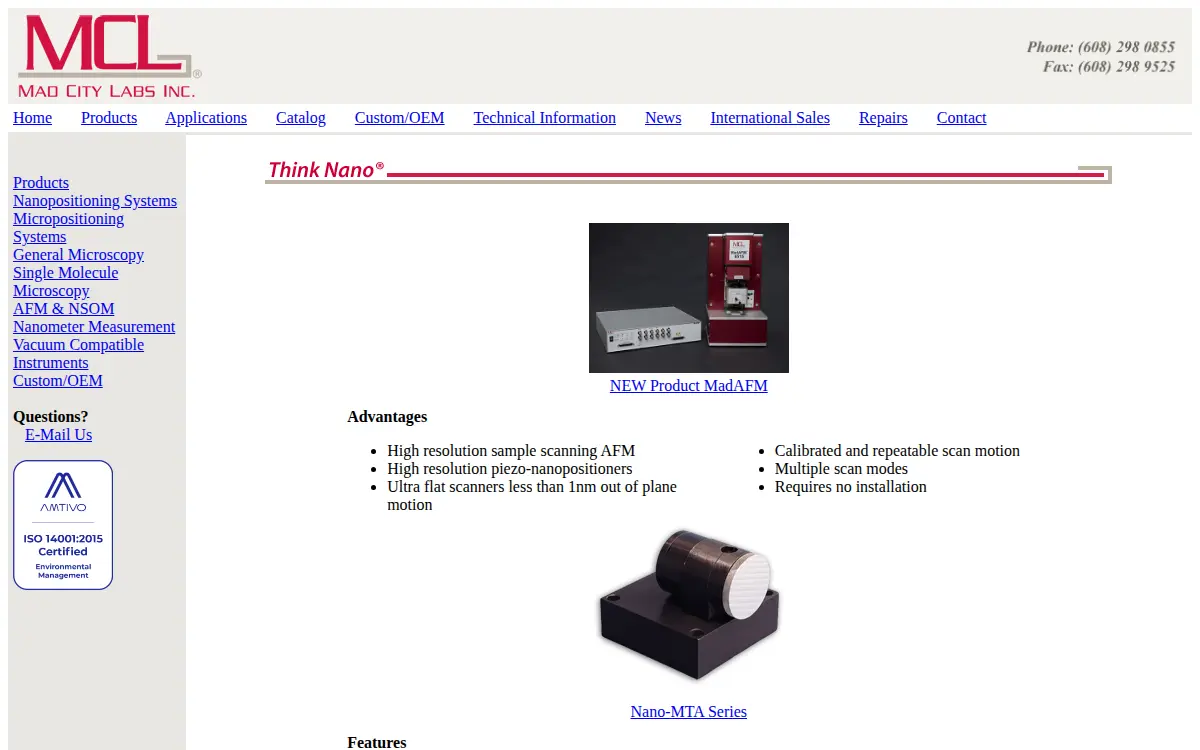 Homepage of Mad City Labs, INC.