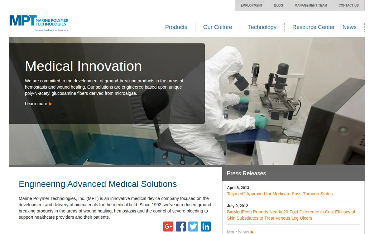 Homepage of Marine Polymer Technologies, INC.