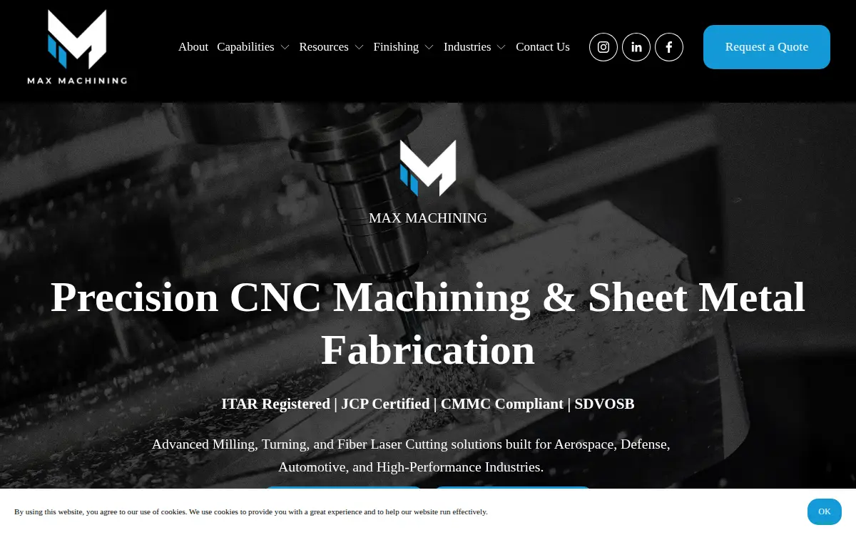 Homepage of Max Machining LLC