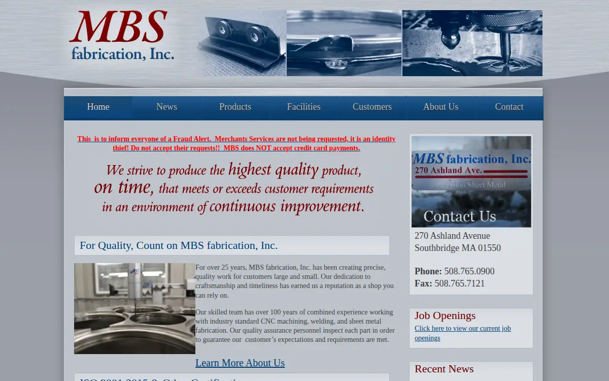 Homepage of Mbs Fabrication, INC.