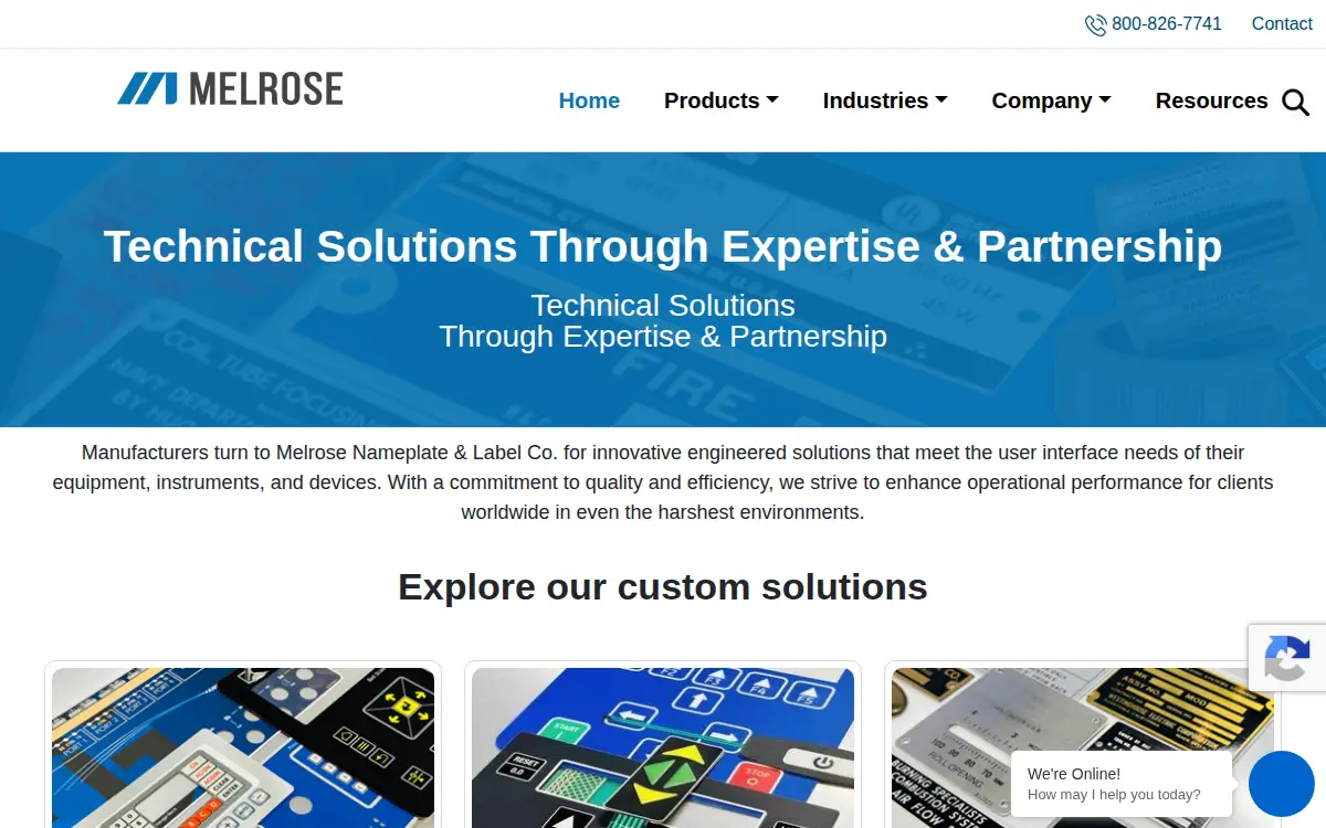Homepage of Melrose Nameplate and Label Company, INC.