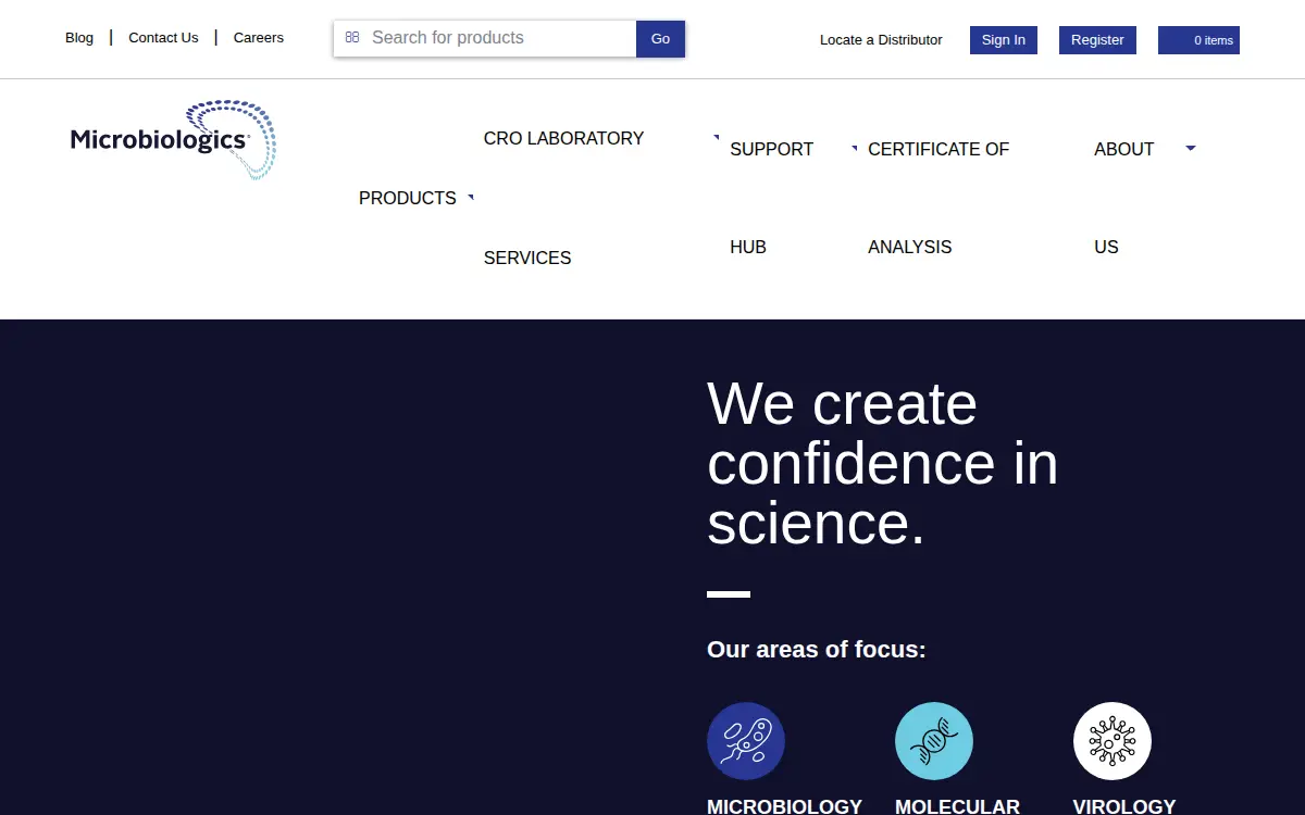 Homepage of Microbiologics, INC.