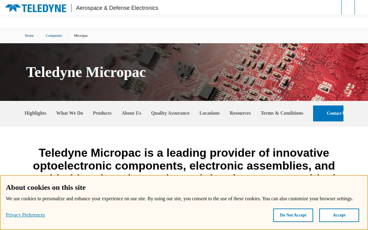 Homepage of Teledyne Micropac, INC.