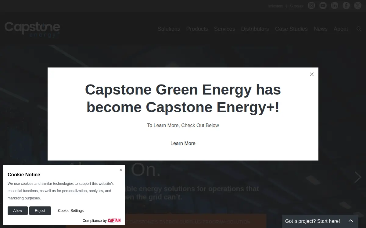 Homepage of Capstone Green Energy CORP