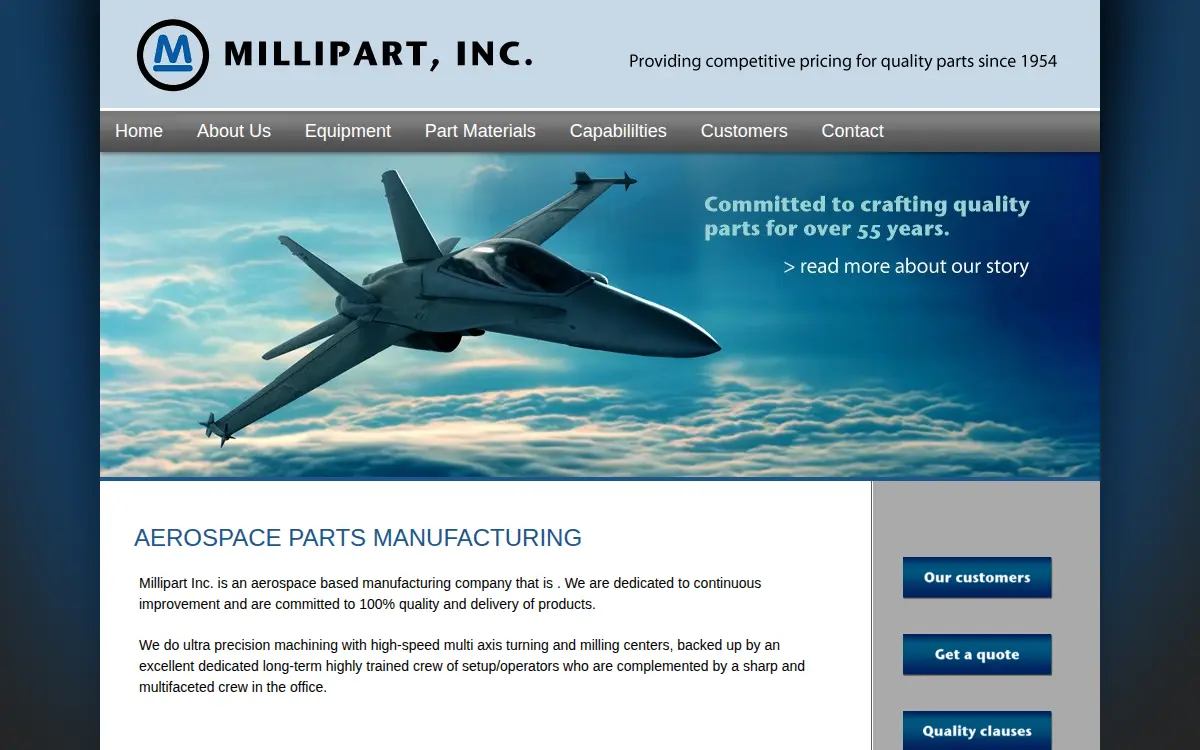 Homepage of Millipart, INC